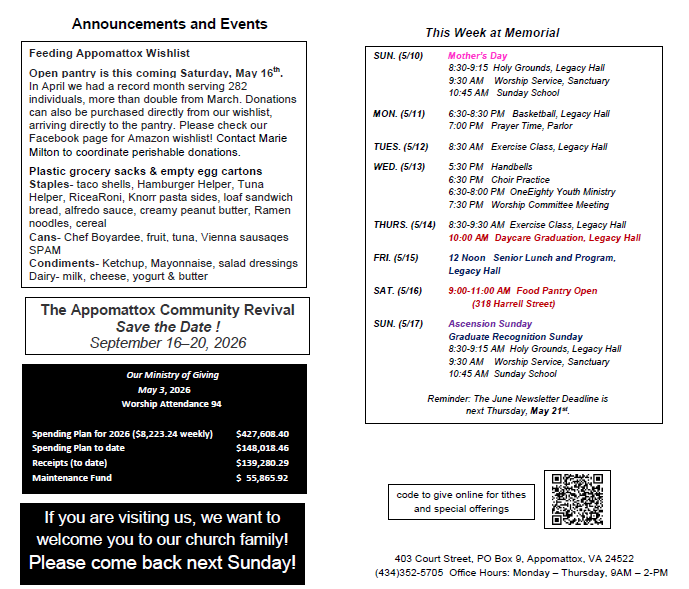 A flyer for a church that says this week at memorial