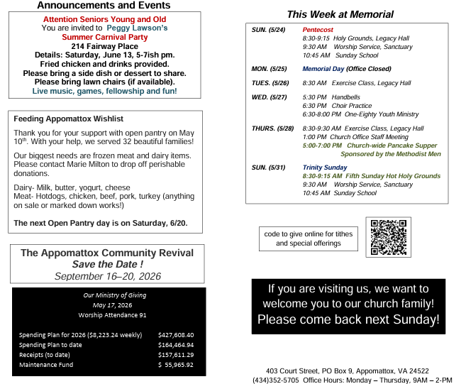 A flyer for a church that says this week at memorial