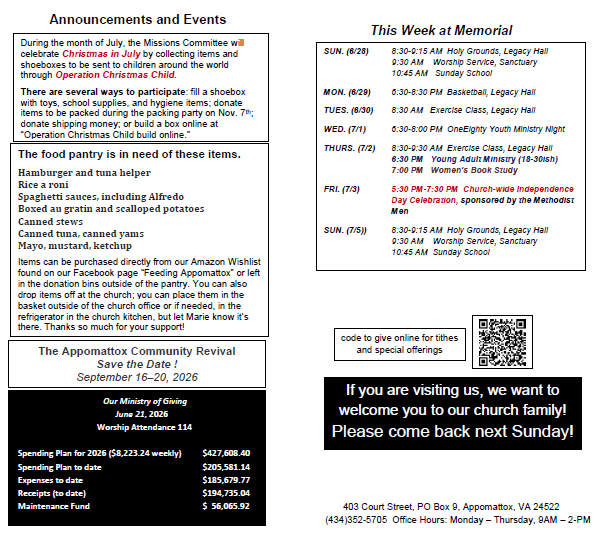 A flyer for a church that says this week at memorial