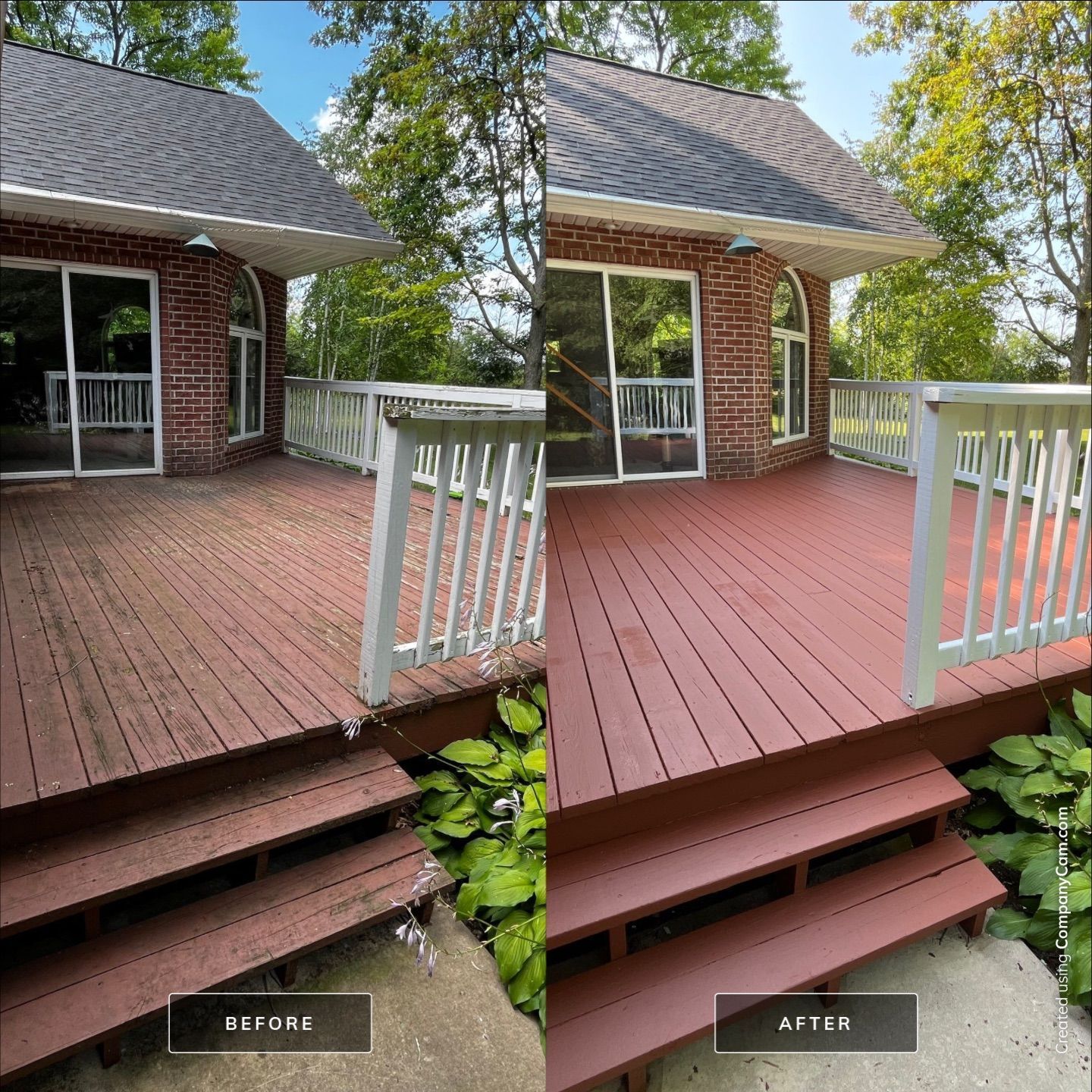 A before and after photo of a wooden deck being painted red.