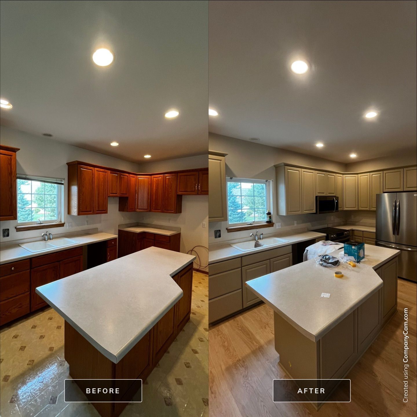 A before and after photo of a kitchen with wooden cabinets and white counter tops.