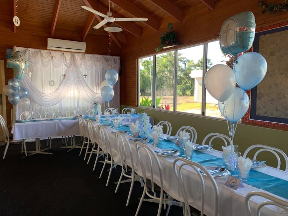 A Long Table with Blue and White Balloons on It — Creative Events Innisfail in Innisfail, QLD