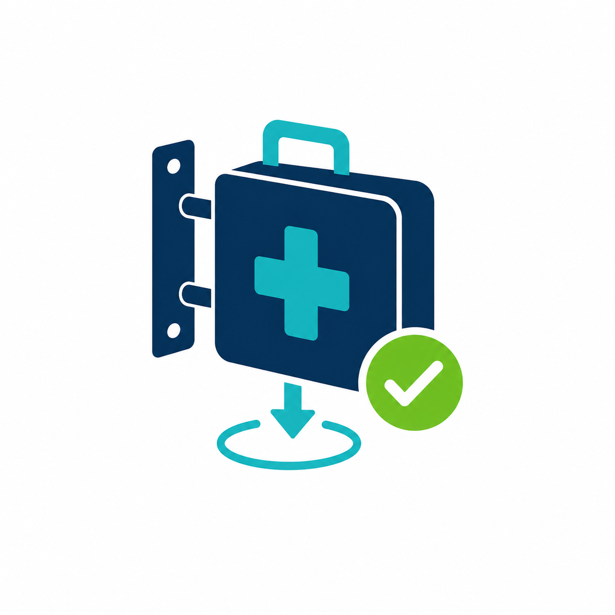 Blauw pictogram van een EHBO-doos met een groen vinkje en een downloadpijl.