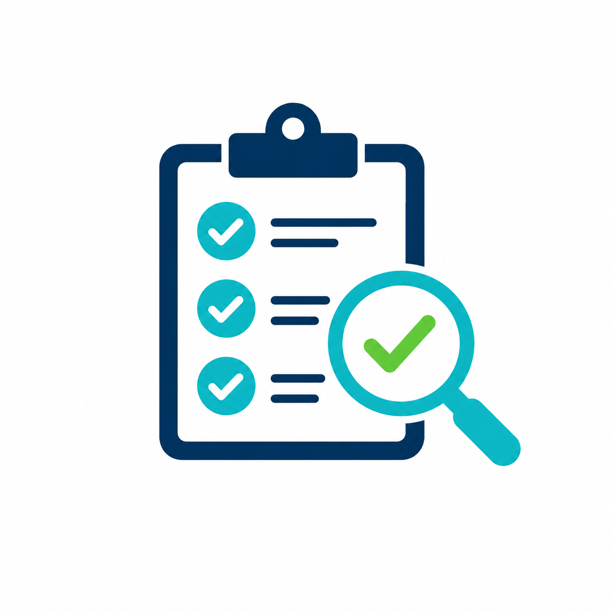 Klembordchecklist met vinkjes en vergrootglas, blauw en turquoise pictogram op een witte achtergrond