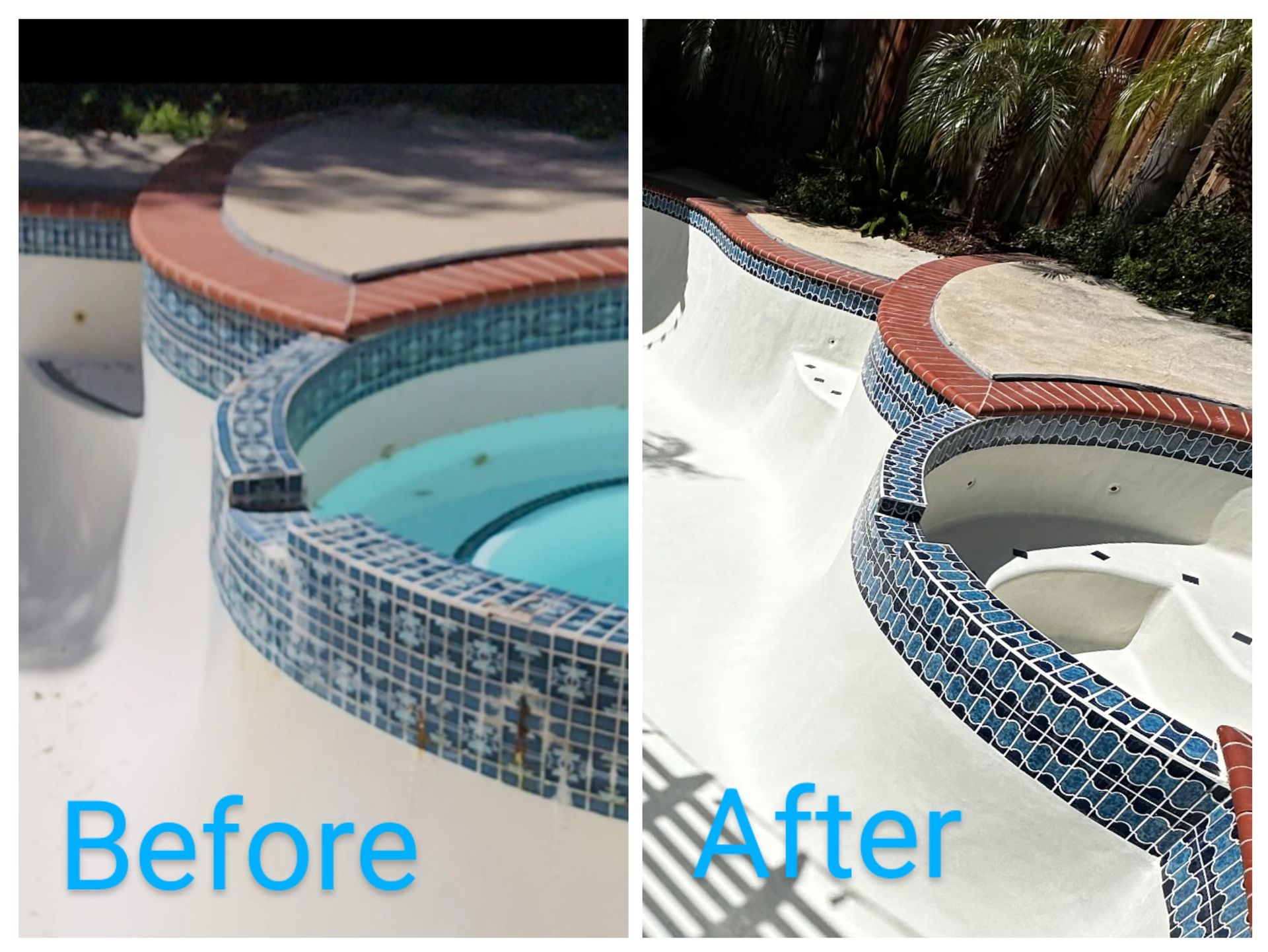 Comparison of a pool's edge: before (stained tile) and after (cleaned tiles). Shows the updated white plaster and blue tiles with red coping.