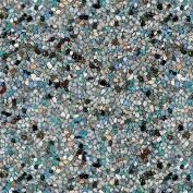 Close-up of a speckled surface with small, rounded pebbles in shades of gray, blue, black, and tan.