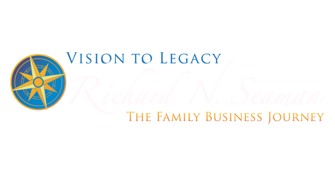 The logo for vision to legacy the family business journey has a compass on it.