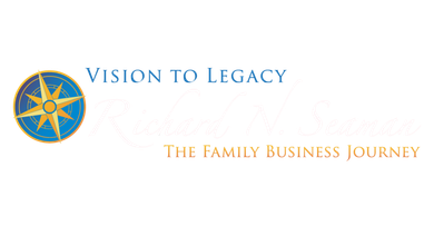 The logo for vision to legacy the family business journey has a compass on it.