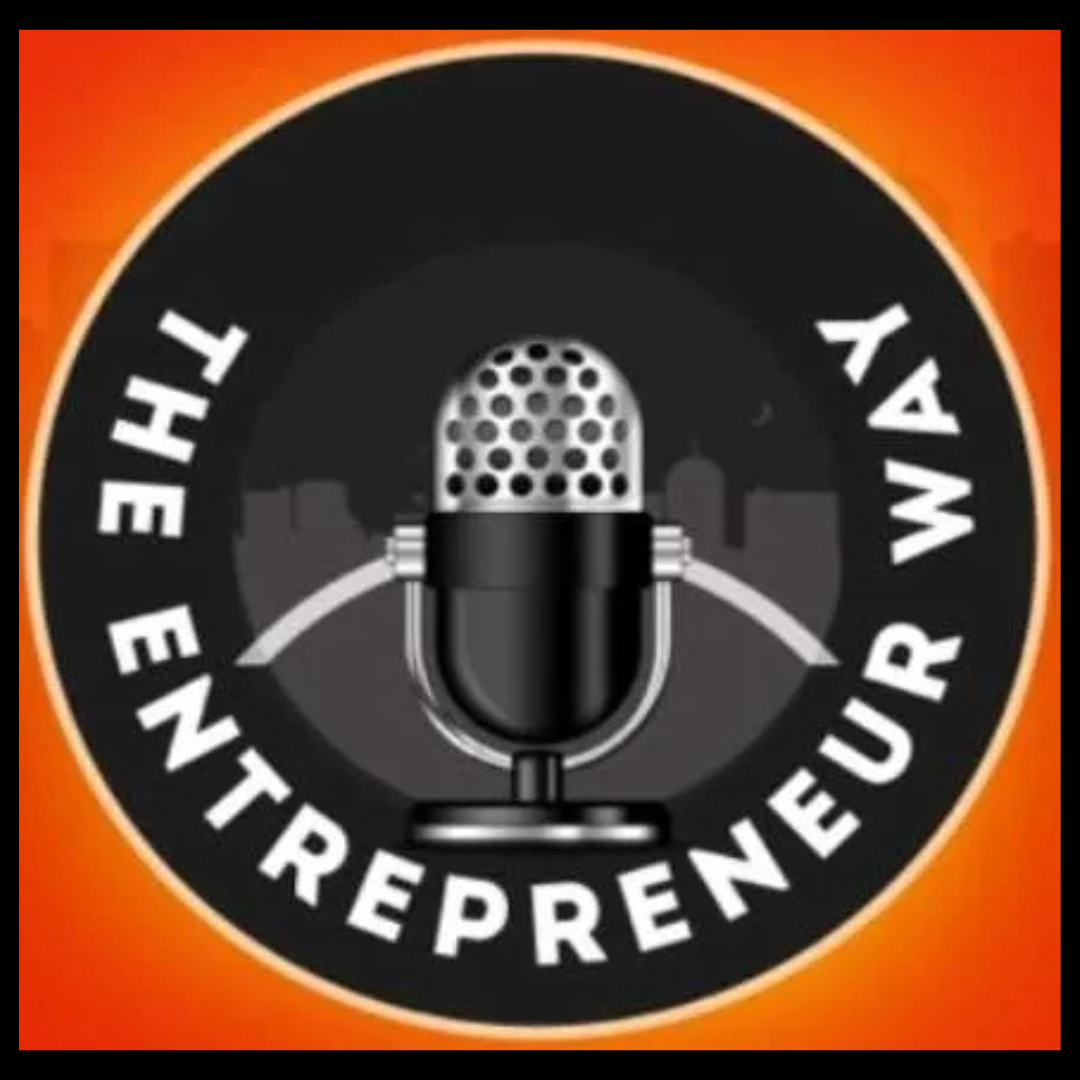 A logo for the entrepreneur way with a microphone in the center