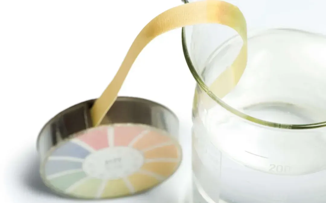 A ph test strip is being poured into a glass of water