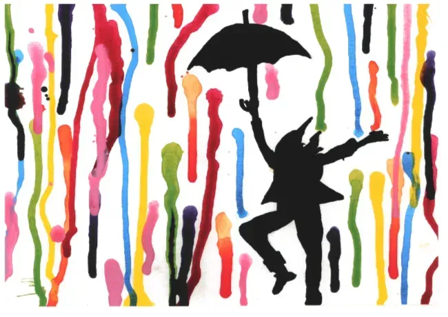 A drawing of a person holding an umbrella in the rain