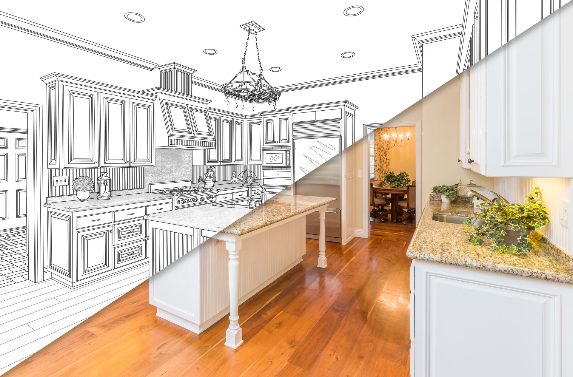 Kitchen renovation concept: sketch and finished space, white cabinets, island, hardwood floors, chandelier, granite countertops.