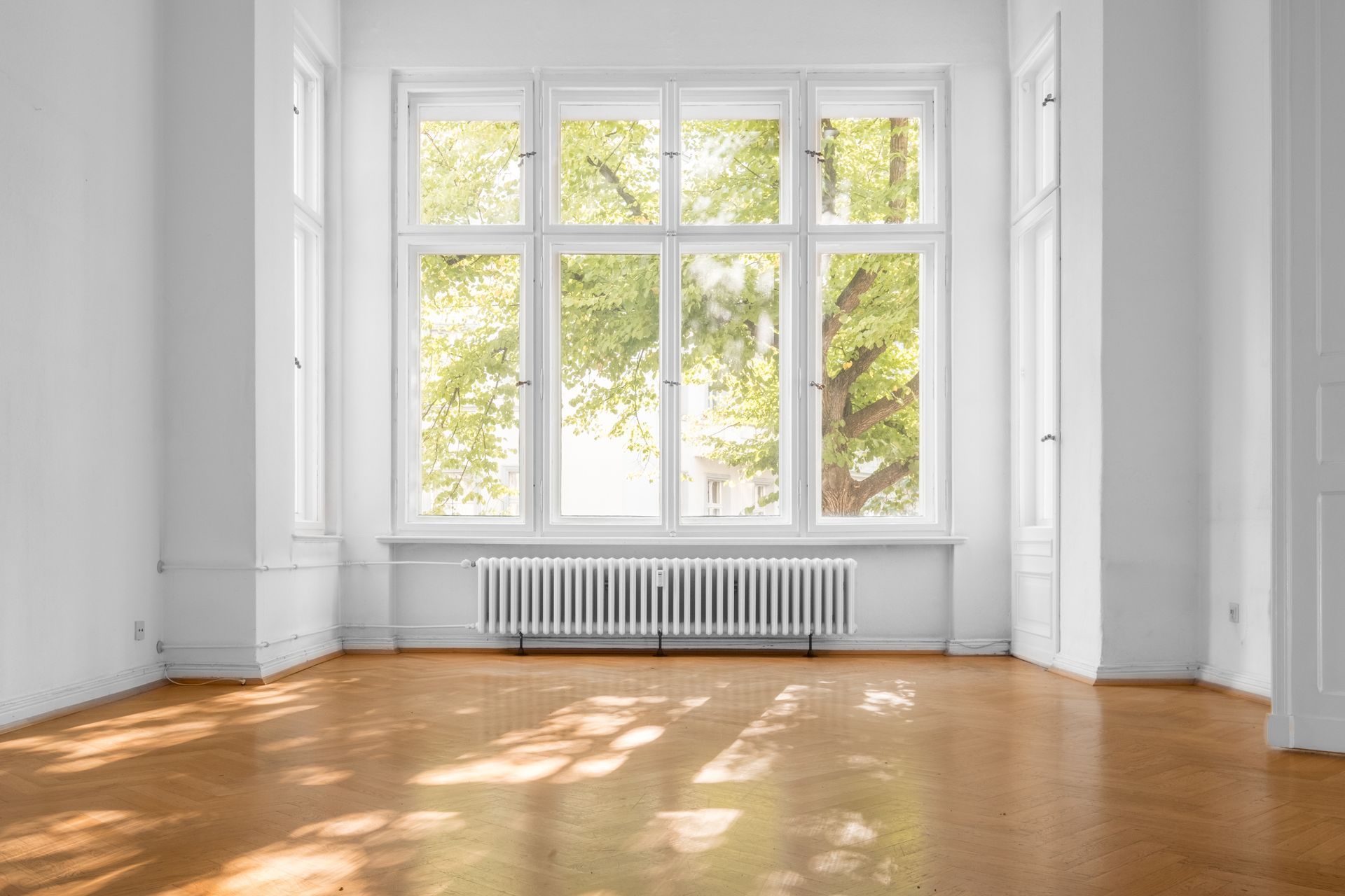 Empty room with white walls, large window showing green trees, and radiator below.