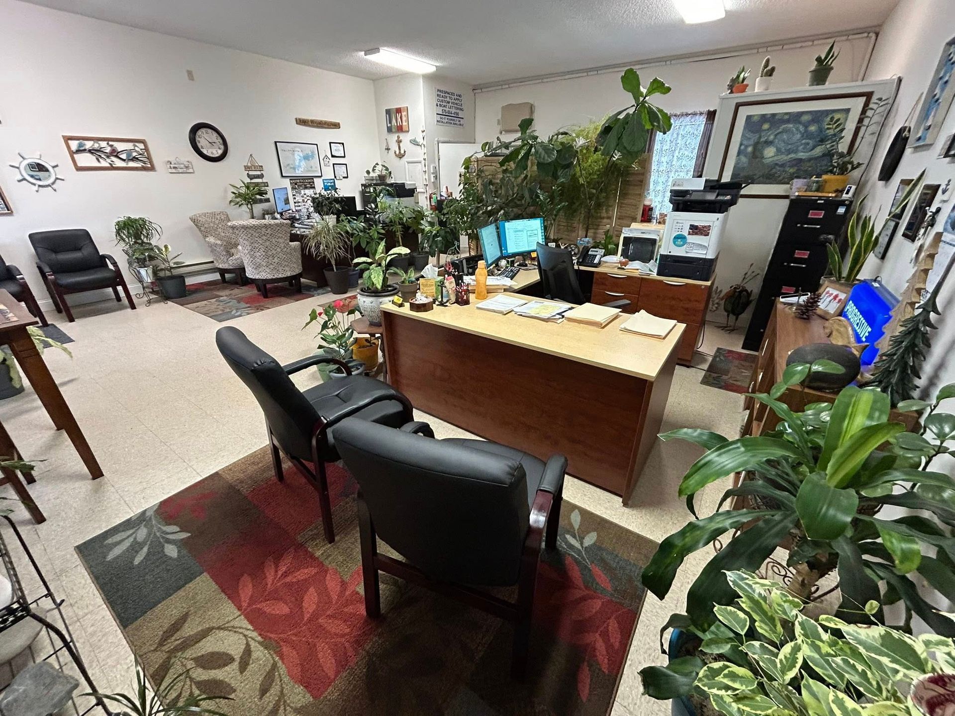 Office with a wooden desk, black chairs, potted plants, and wall decor in a bright room.