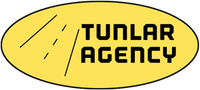 Yellow circular Tunlar Agency logo with phone number, services, car icons, and tunlar.com