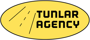 Yellow circular Tunlar Agency logo with phone number, services, car icons, and tunlar.com