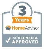 HomeAdvisor 3-year screened and approved badge. Blue, gray, and orange colors. Includes a checkmark.