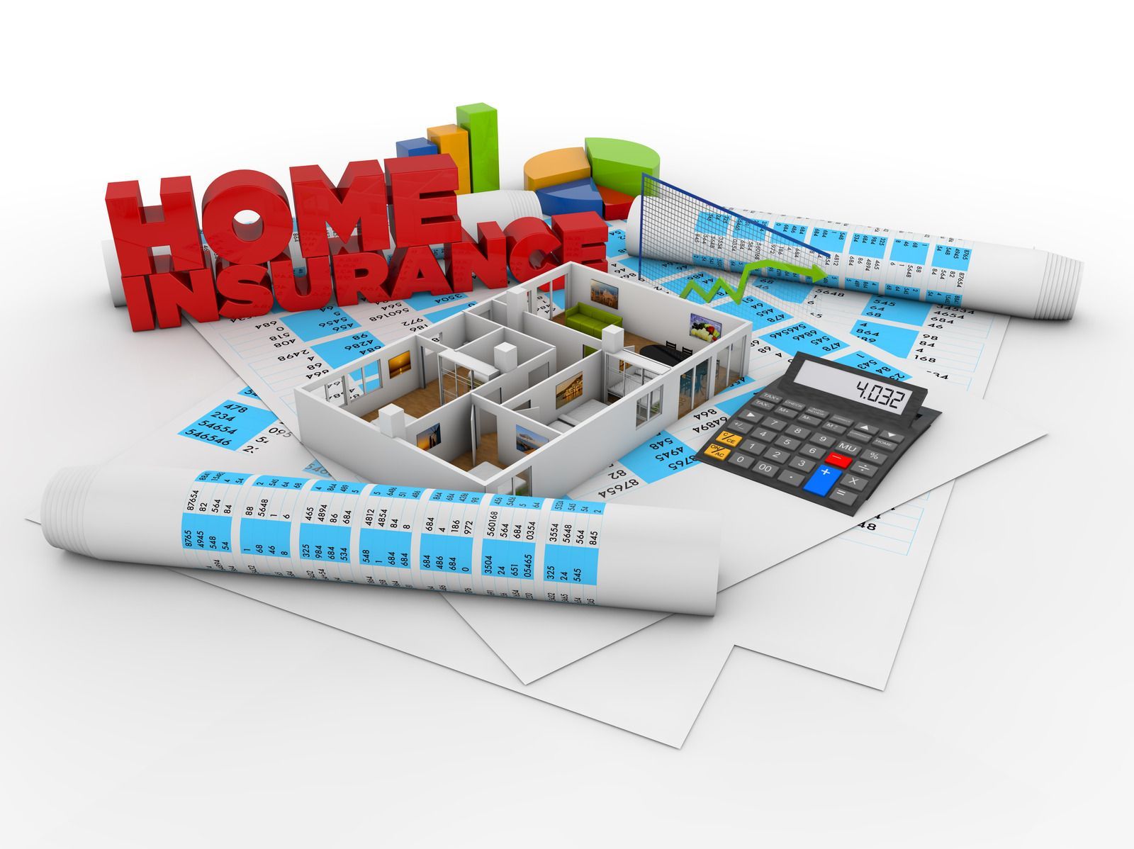 Home insurance concept: Red letters, house plan, calculator, charts, blueprints.