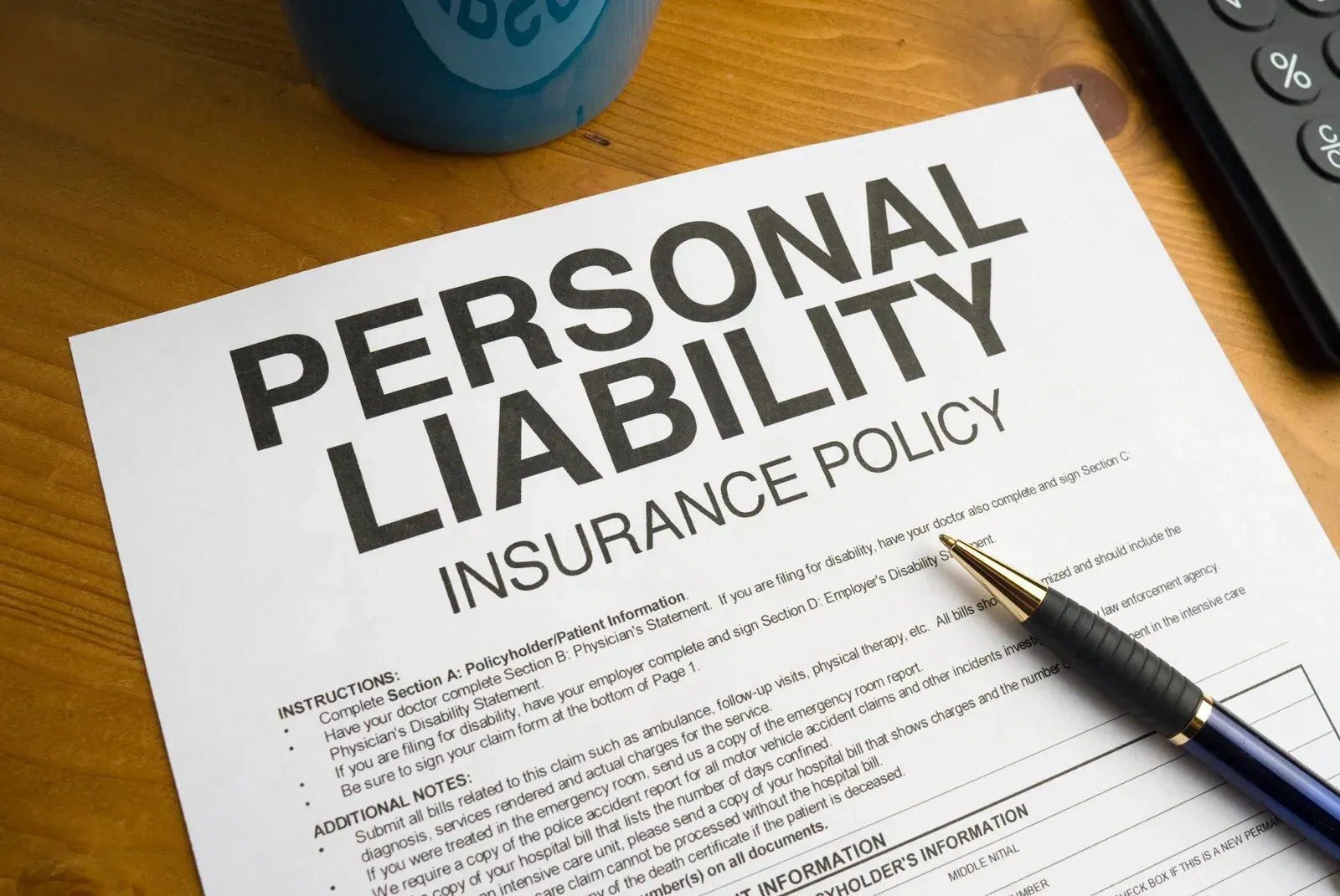 Personal liability insurance policy document on a wooden desk with a pen, mug, and calculator.