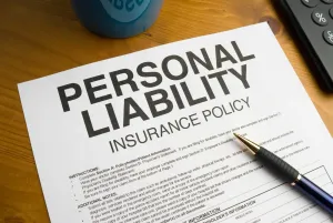 Personal liability insurance policy document on a wooden desk with a pen, mug, and calculator.