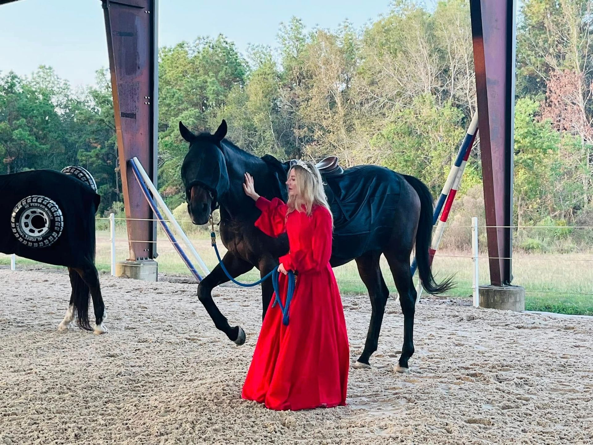 A person in a flowing red dress stands in an indoor riding arena, gently touching the head of a black horse.