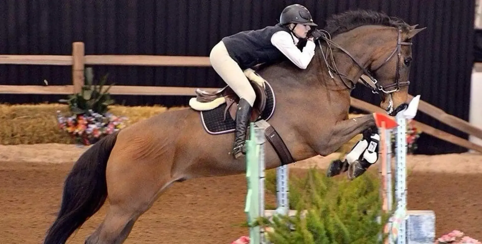 A rider in show jumping attire guides a brown horse over an obstacle in an indoor riding arena.
