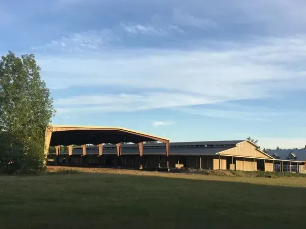 A long open-sided barn with a dark roof sits on a grassy field under a bright blue sky with light clouds.