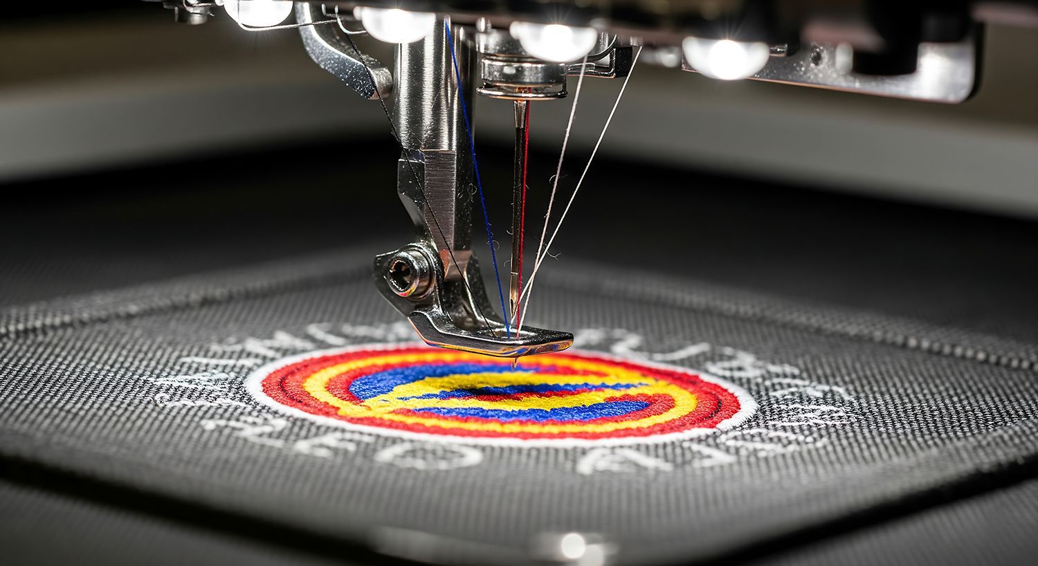Close-up of a detailed patch being made in an industrial embroidery shop, professional equipment.