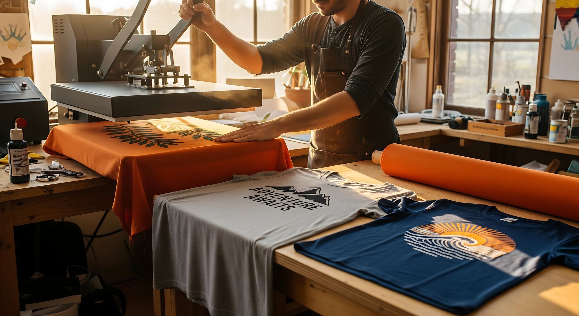 Artisan using a heat press for custom t-shirt printing in a sunlit studio.
