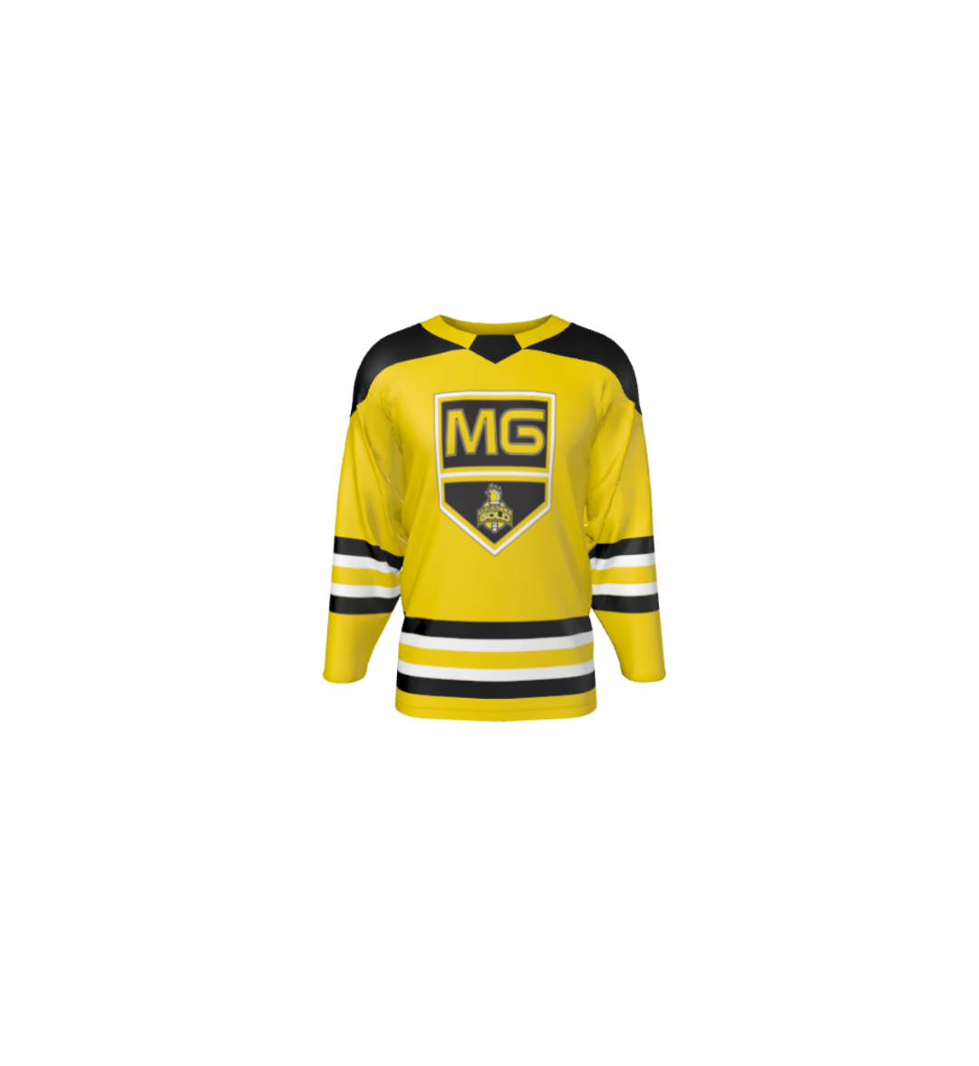 A yellow and black hockey jersey with the word mg on it.