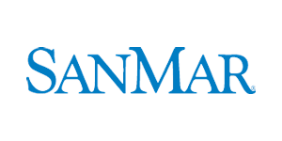 A blue logo for sanmar on a white background