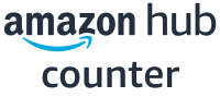 Il logo del bancone Amazon Hub è mostrato su uno sfondo bianco.