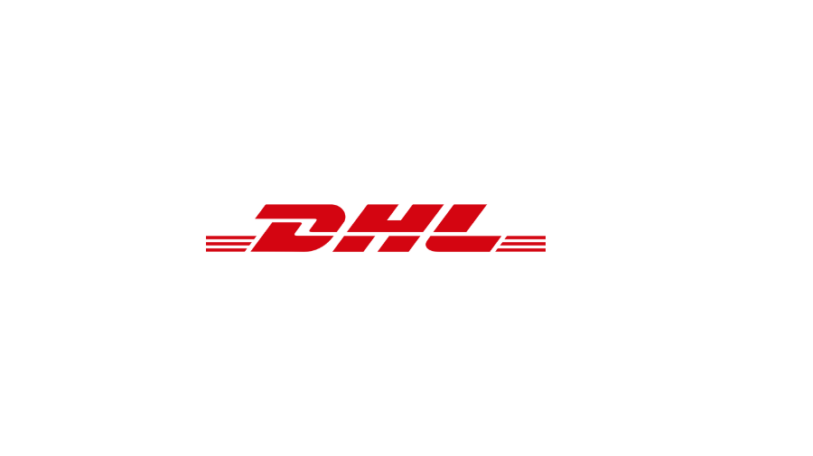 Il logo DHL è rosso e bianco su sfondo bianco.