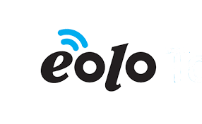 Un logo per Eolo con un'antenna blu su sfondo bianco
