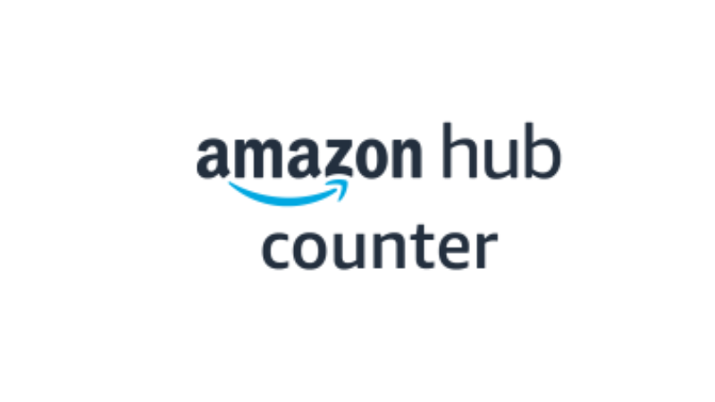 Il logo del bancone Amazon Hub è mostrato su uno sfondo bianco.