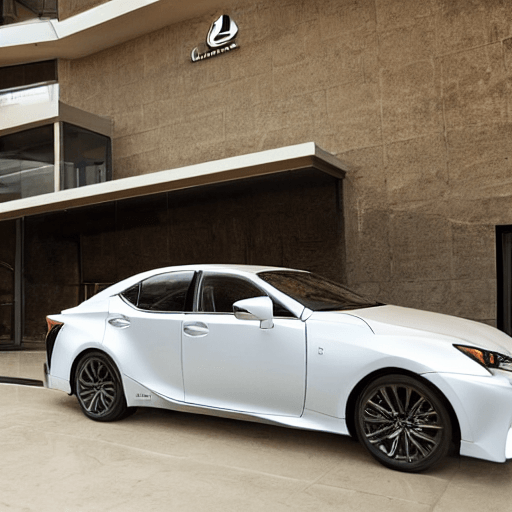 A white lexus car is parked in front of a building