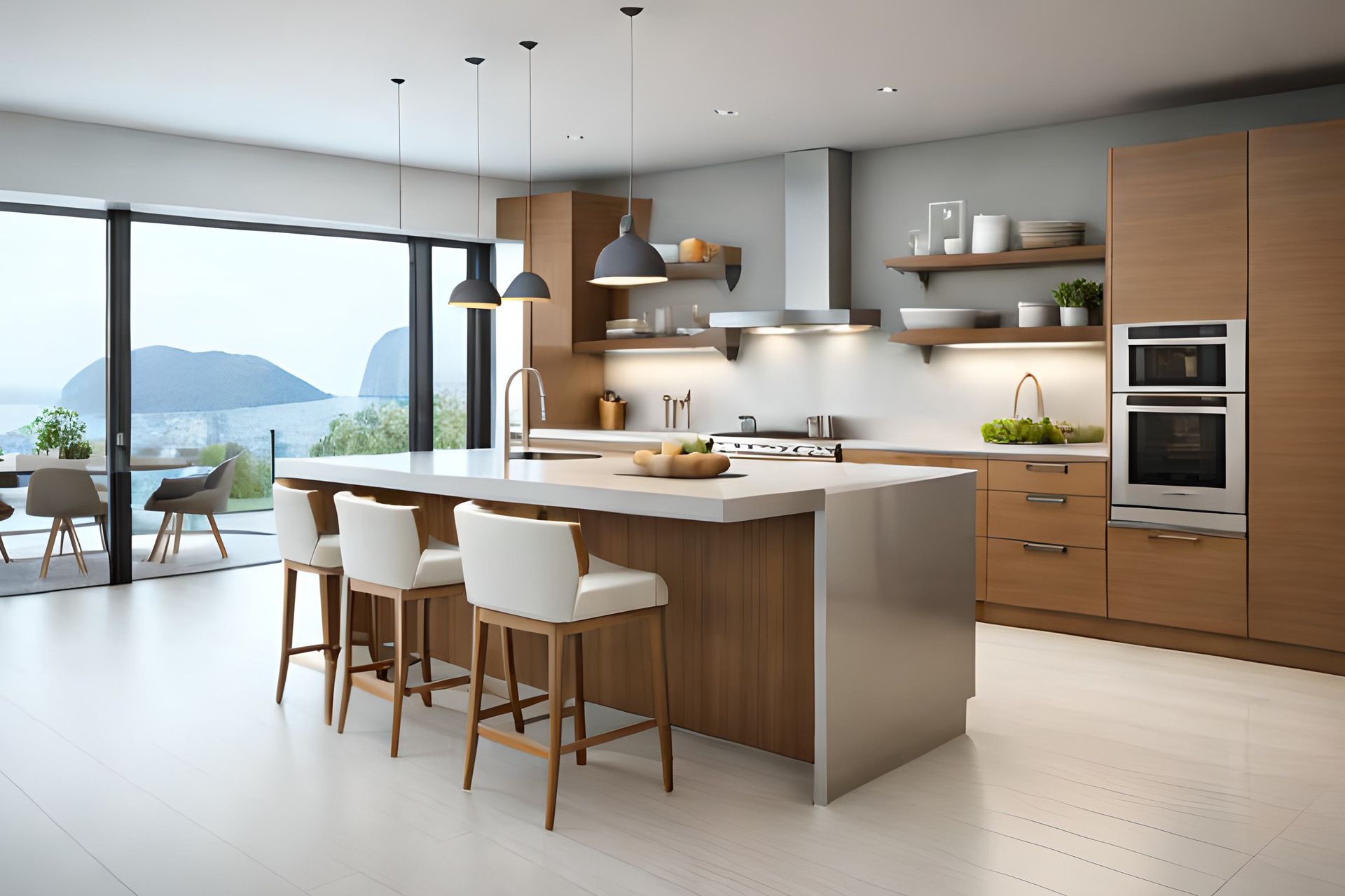 Une cuisine avec un grand îlot et des tabourets