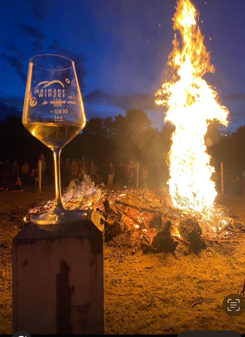 Vor einem großen Kaminfeuer steht ein Glas Wein.