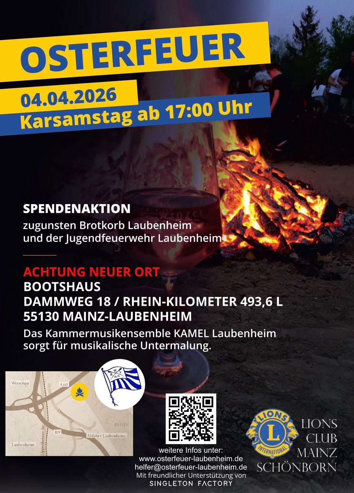 Flyer für ein Osterfeuer am 4. April 2026 in Mainz-Laubenheim mit Veranstaltungsdetails, Ort und QR-Code.