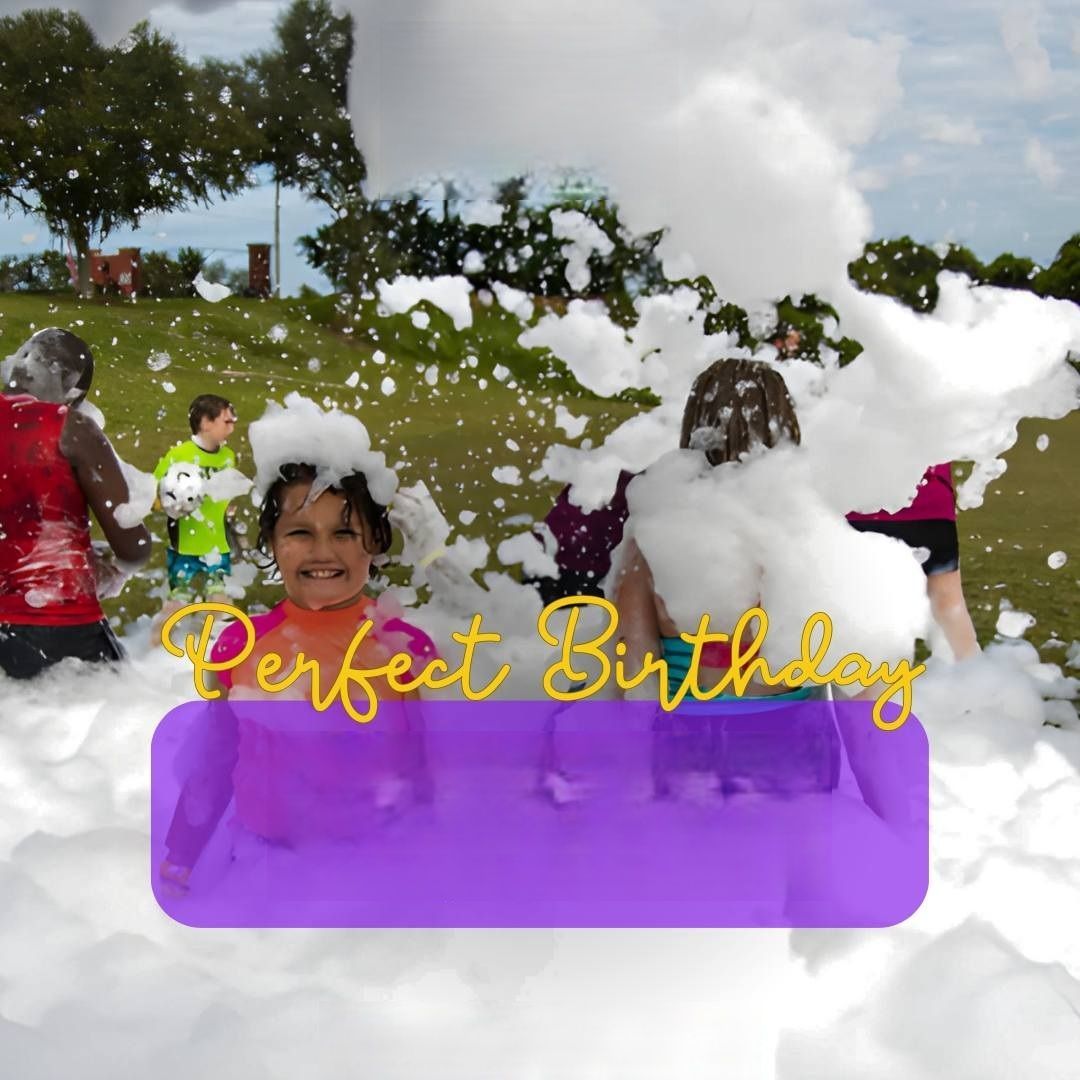A group of children are playing in foam with the words perfect birthday in yellow
