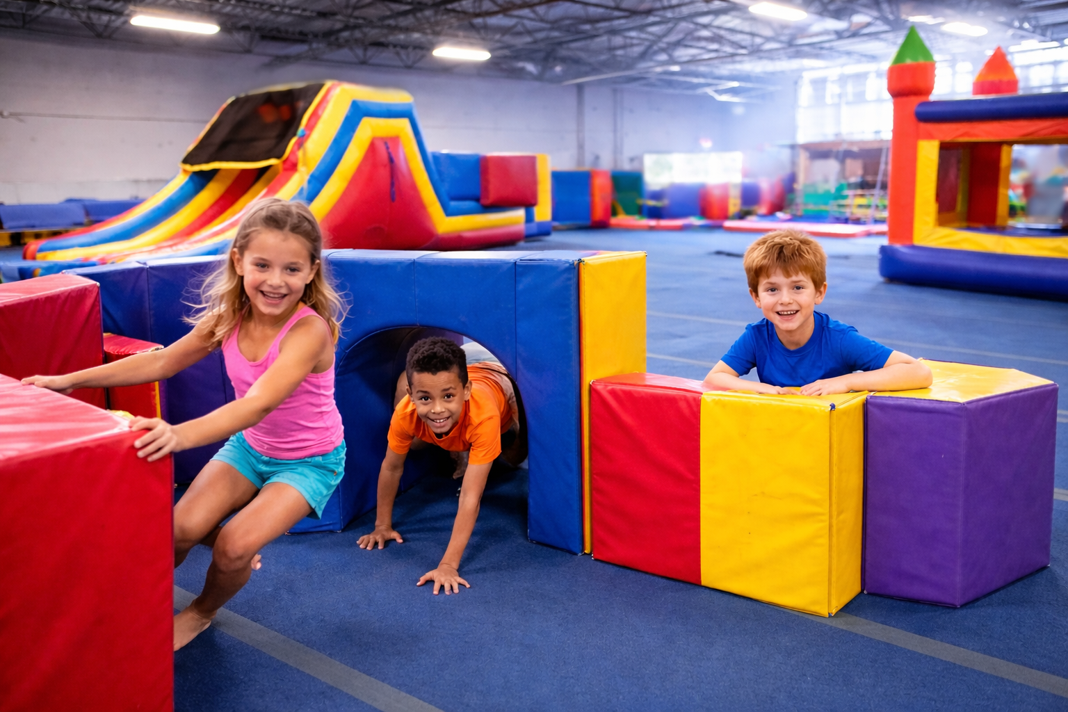 A young boy is crawling on a balance beam in a gym.