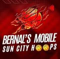 Logo for Bernal's Mobile Sun City Hoops. A basketball bursts through a fiery red background. 