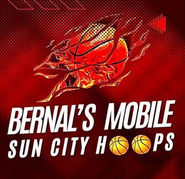 Logo for Bernal's Mobile Sun City Hoops. A basketball bursts through a fiery red background.