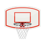 Basketball hoop with white backboard, red border, and net.