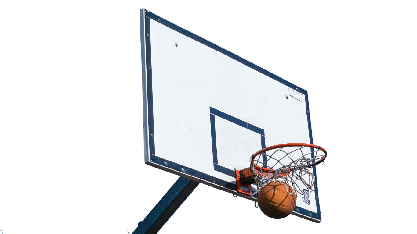 Basketball going through a hoop on a backboard; orange ball, white net, and blue support structure against a clear sky.