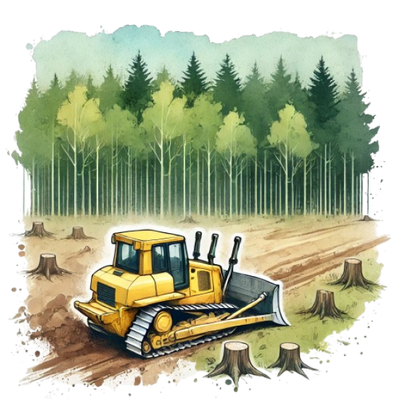 A bulldozer is cutting down trees in a forest