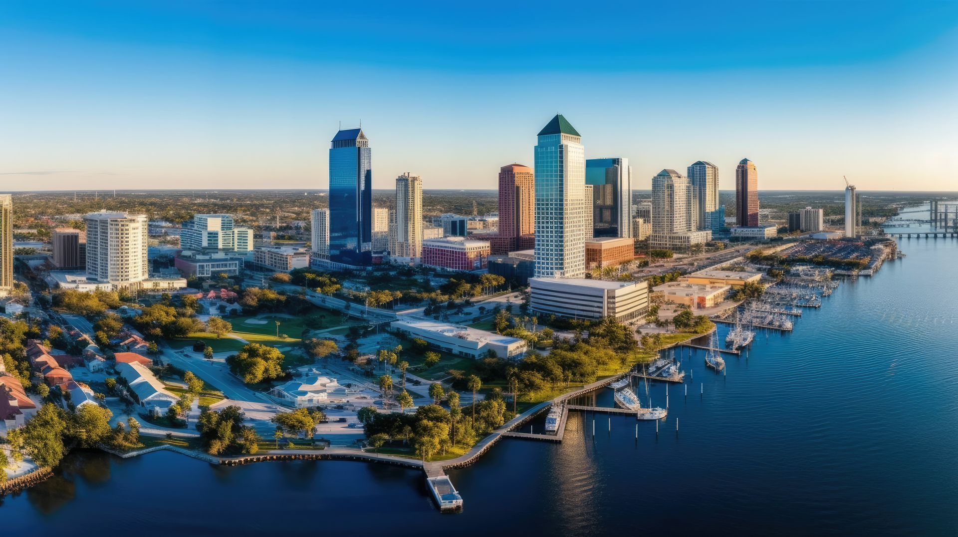 An aerial view of a city skyline overlooking a body of water.