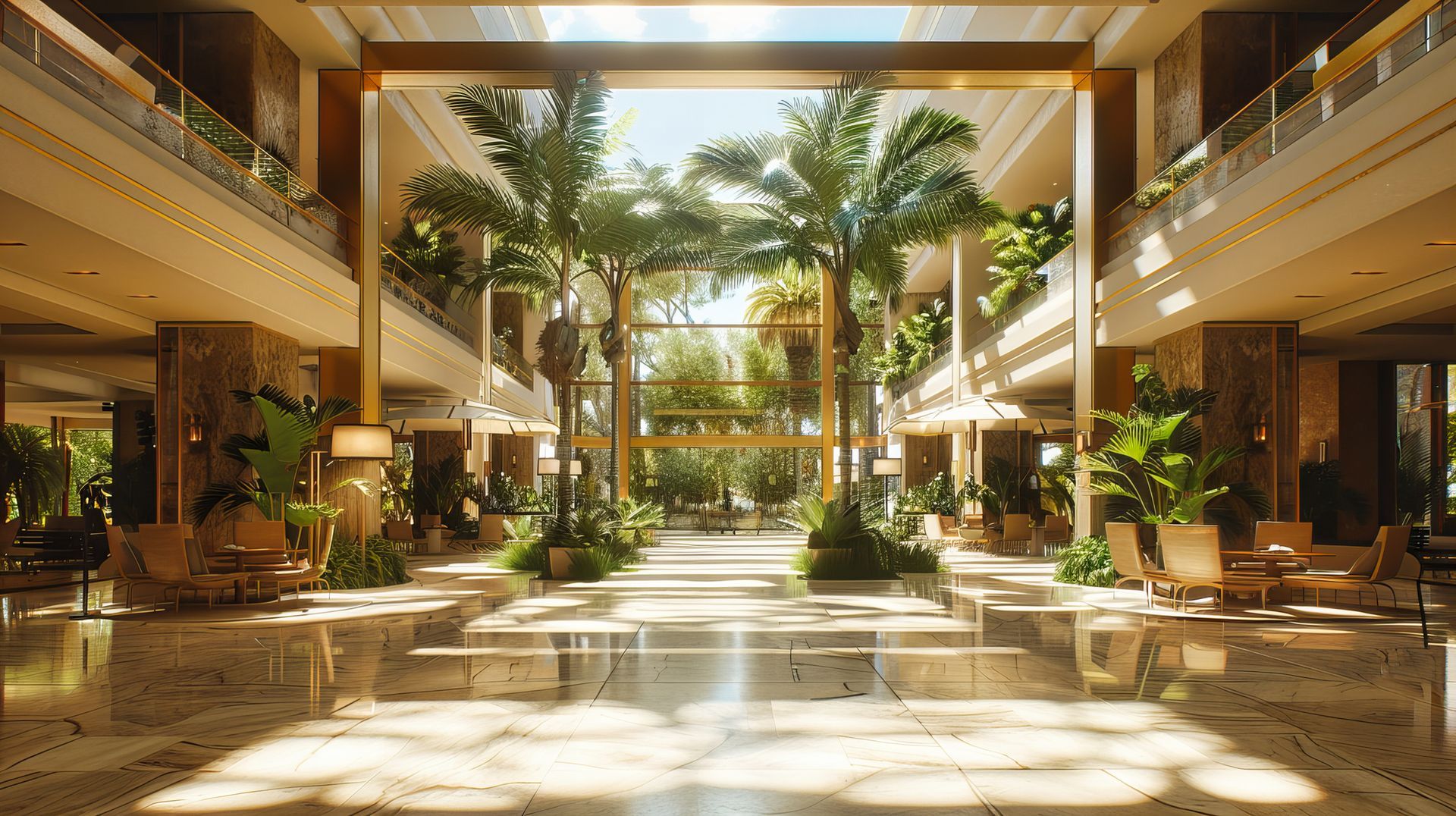 A large lobby of a hotel with palm trees and chairs.