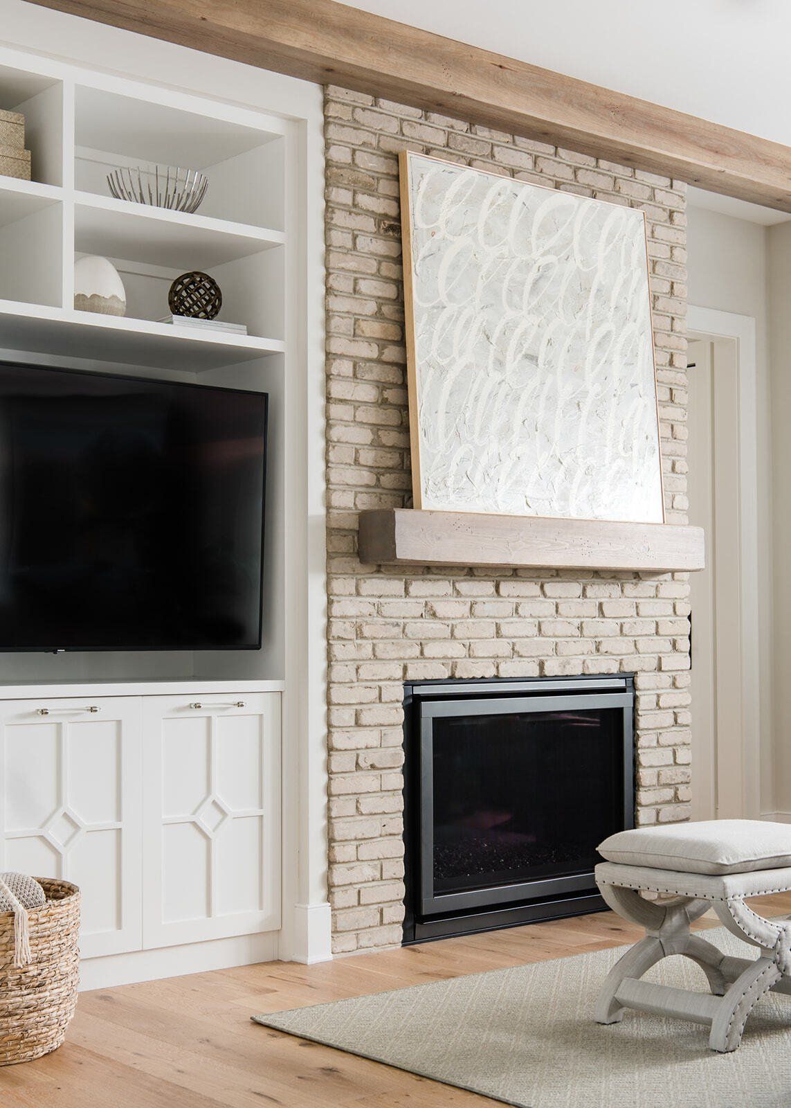 A living room with a fireplace and a flat screen tv.