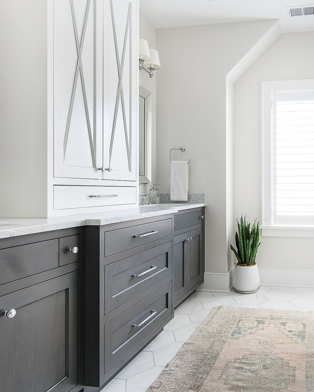 Gray and white bathroom with cabinetry, countertop, mirror, and a plant.